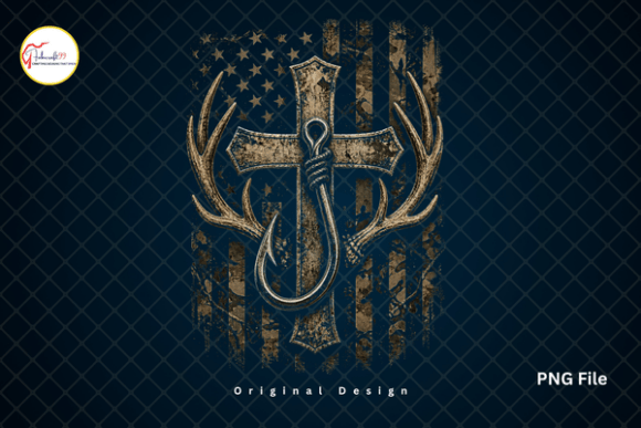 Camouflage Vintage Cross Fishing Hook PNG for T-Shirt Designs