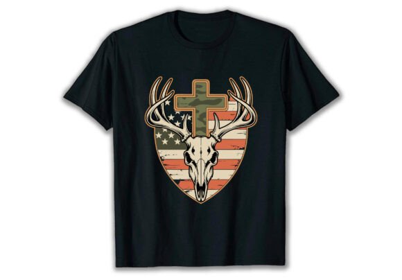 Deer Hunting Skull American Flag T-Shirt Designs