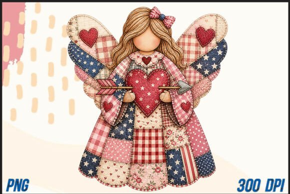 Patchwork Angel with Heart and Wings Pat T-Shirt Designs